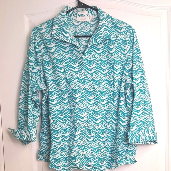 Chico's Teal and White Women's Button Up Top No - Iron - Picture 1 of 3